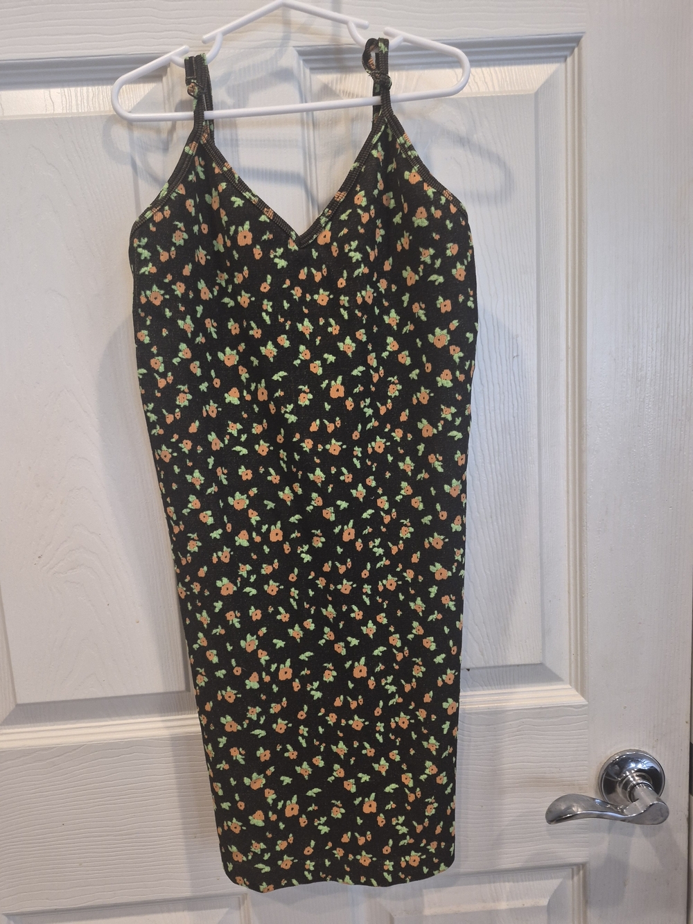 5/25 Black Floral Slip Dress with Orange & Green Accents